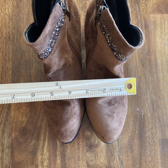 Brown Boots Womens Size 10 Suede & Glitter Ankle Boots Side Zipper & Chunky Heel - Picture 12 of 13